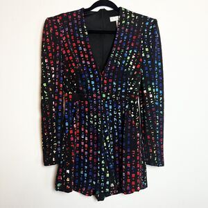 Karlie Long Sleeve Laser Cut Romper Black Rainbow V-Neck Sz S